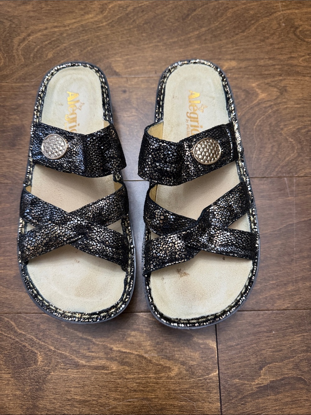 Alegria Women's Black Metallic Crisscross Slide Sandals